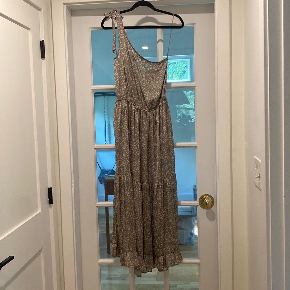 Grey silver leopard one shoulder satin dress